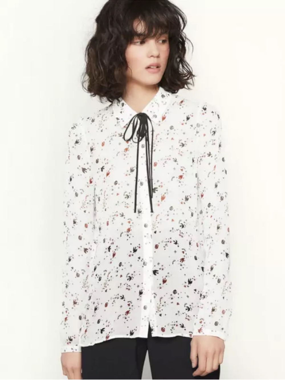 Maje White Floral Button-Down Blouse with Black Tie